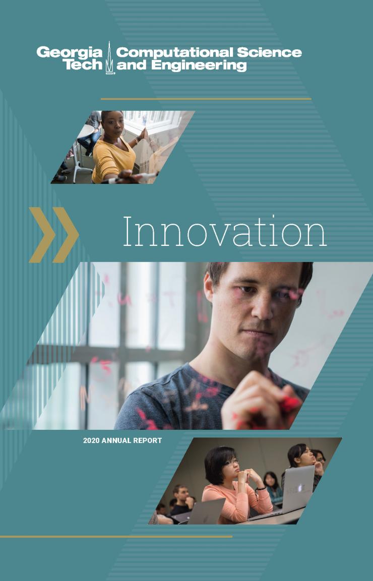 CSE 2020 Annual Report Blue background with images of students writing equations on whiteboards