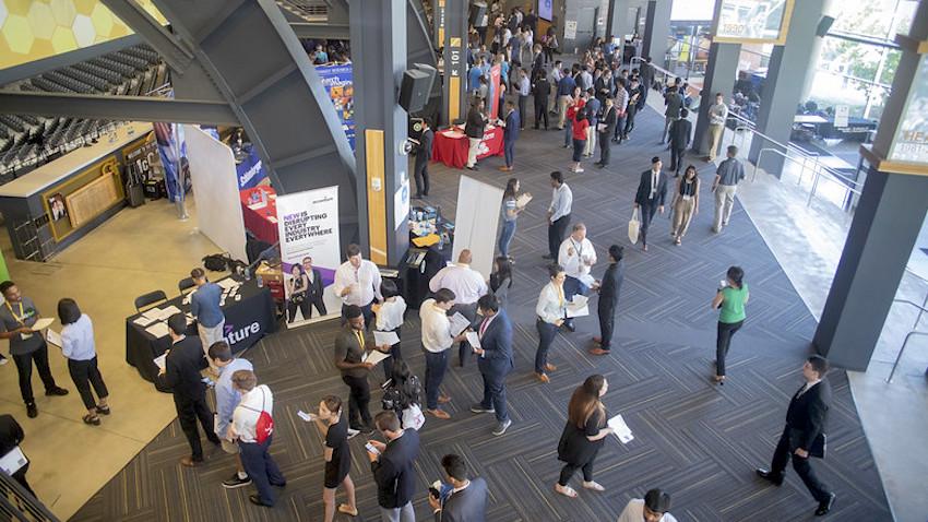 a high angle photo of a career fair held at Georgia Tech's McCamish Pavilion