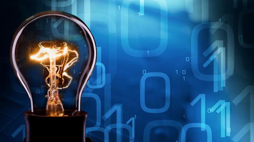 conceptual graphic with lightbulb in front of blue digital field
