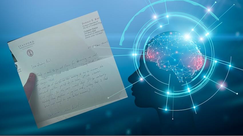 A composite graphic of the mind featuring overlay of thank you note from Turing Award winner Donald Knuth following a virtual Q&A at Georgia Tech.