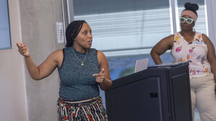 Teachers Amber Jones and Sharonda Haddock lead a part of AI4GA's fifth cohort. Photos by Terence Rushin/ College of Computing. 