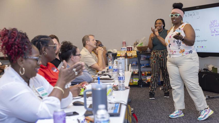 Teachers Amber Jones and Sharonda Haddock lead a part of AI4GA's fifth cohort. Photos by Terence Rushin/ College of Computing. 