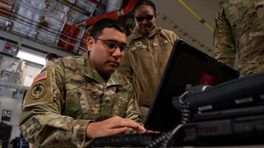 U.S. Army soldiers work on a mission.