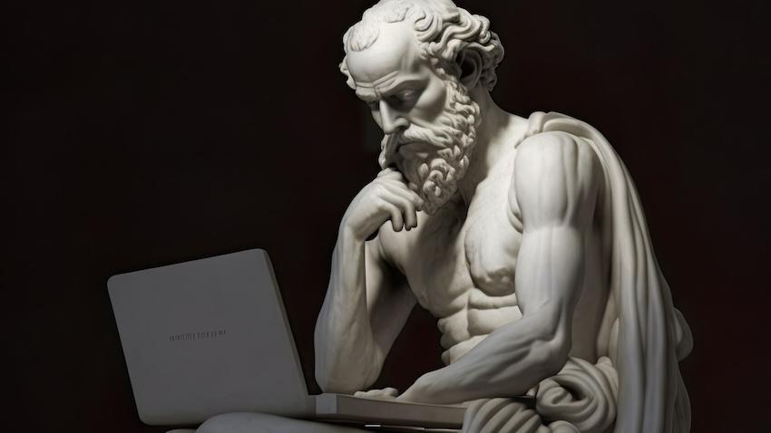 AI-generated image of Socrates, sculpted in marble, looking contemplatively at a laptop.