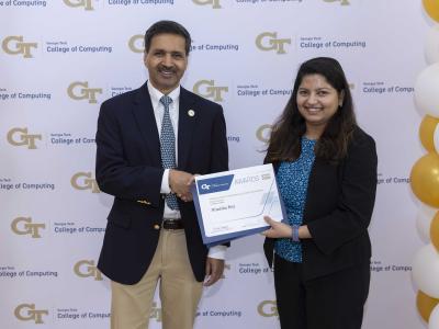 SCI's Nimisha Roy won the Monica Sweat Outstanding Lecturer in External Engagement award. Photos by Terence Rushin/ College of Computing. 