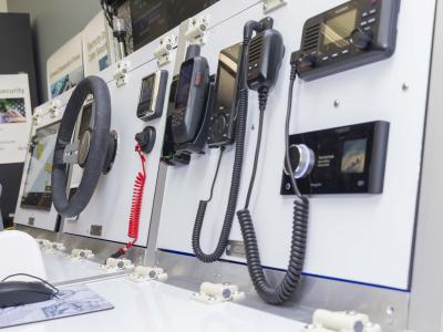 Lab equipment of a ship steering wheel and other electronic  measuring devices. 