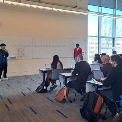 Students pitch their team's startup idea in the entrepreneurial capstone course. Photos by Emily Smith/ College of Computing.