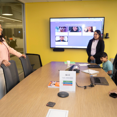 Tarun Chawdury (right), his wife Mousumi (center), and their children meet with San Fransico Mayor London Nicole Breed (left)